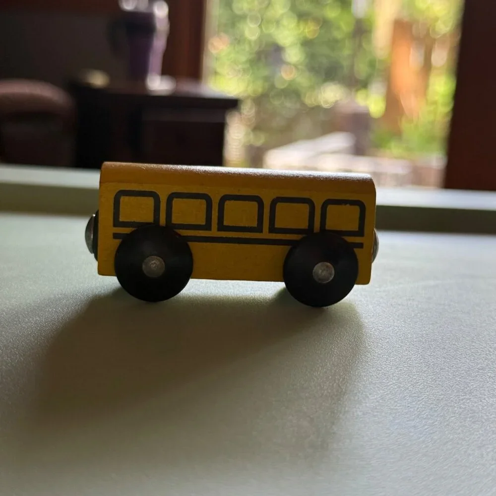 IKEA Wooden Toy Vehicles Set Of 2 Yellow Bus & Red Lightning Car Rolling Wheels